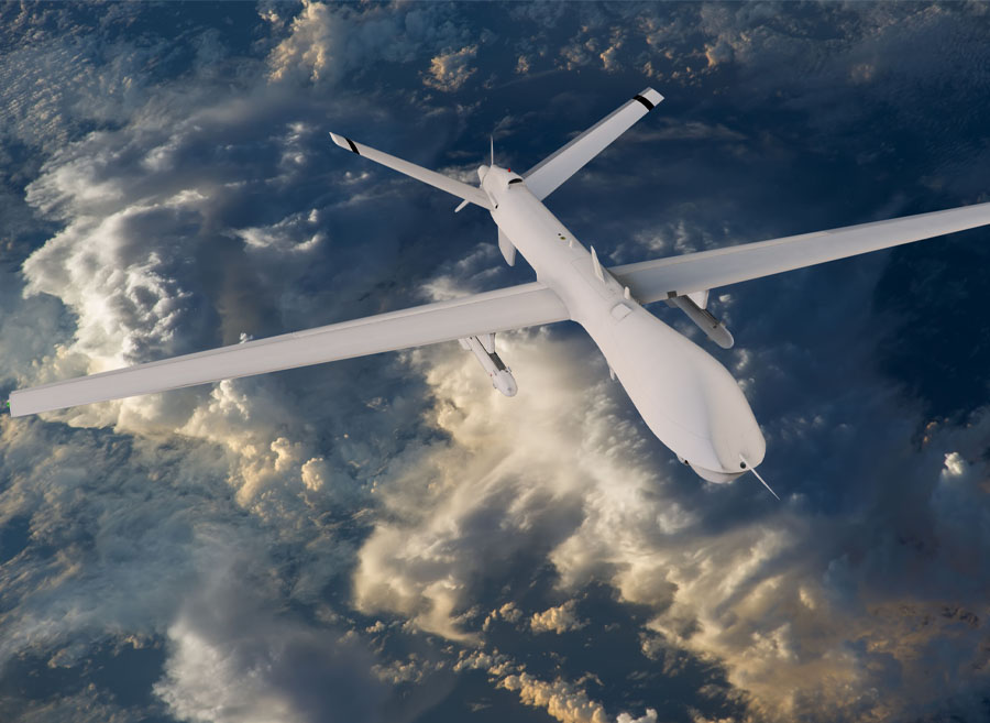 Airborne military drone supported by UK-made technical plastic components for defence manufacturing